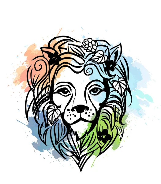 Львиный Графический Логотип Цветочными Элементами Растровый Рисунок Белом Фоне — стоковое фото