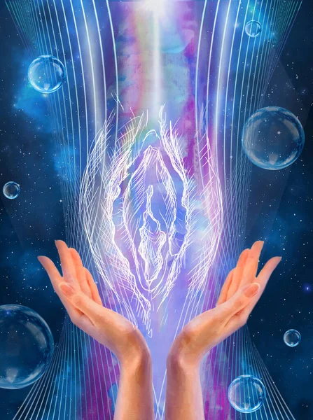 Yoni Fundalul Spațiului Exterior Mâinile Femeilor Vagina Este Simbol Universului — Fotografie, imagine de stoc