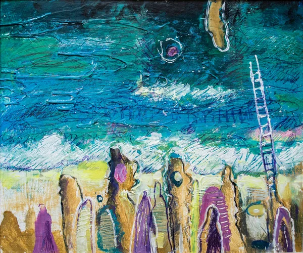 Malowanie Abstrakcji Brzegów Morza Obraz Akrylowy Płótnie Kolor Tekstury Pędzelki — Zdjęcie stockowe