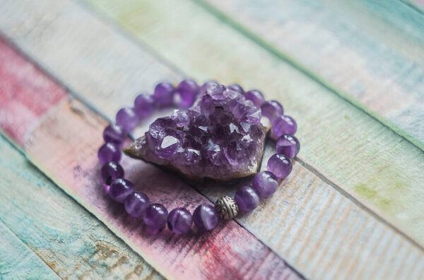 Amethyst druse bracelet purple natural stone jewelry. Photo of natural materials.