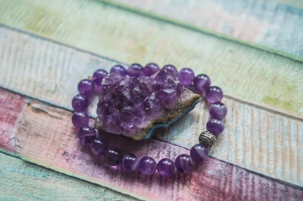 Amethyst druse bracelet purple natural stone jewelry. Photo of natural materials.