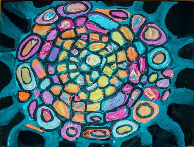 Siyah ve yeşil arka planda mistik renkli mandala. Nörografi tekniğinde akrilik resim. Yatay resim.