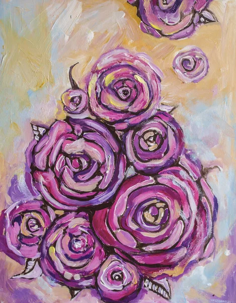 Peindre Des Roses Violettes Sur Fond Clair Peinture Acrylique Femme — Photo