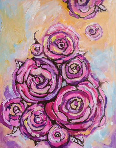 Painting purple roses on a light background. Women's acrylic painting on canvas neuroart.