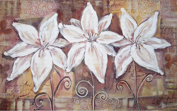 White lilies on brown background. Acryl painting.
