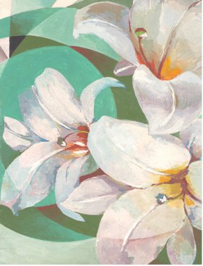 White lilies on green background. Hand painting.