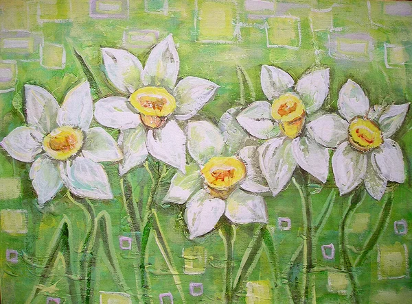 Acrylic painting. Daffodils flowers or narcissus — 图库照片