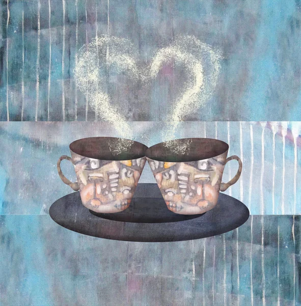 Painting two cups of coffee or tea with heart