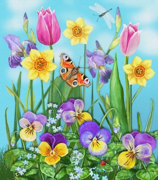 Beautiful multicolored flowers and insects — Φωτογραφία Αρχείου