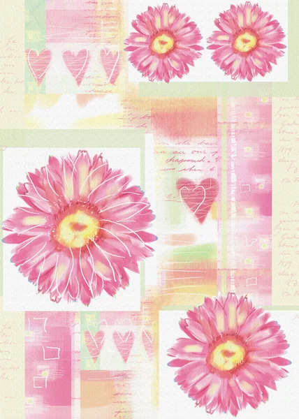 Schöne Postkarte mit Gerbera Blumen und Herzen — Stockfoto