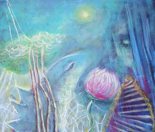 Abstract acrylic painting. Clower, dragon and girl