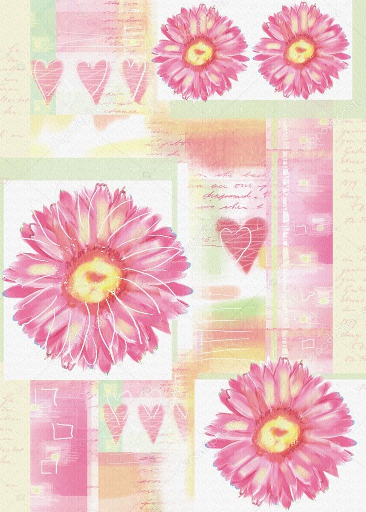 Beatiful postcard with gerbera flowers and hearts