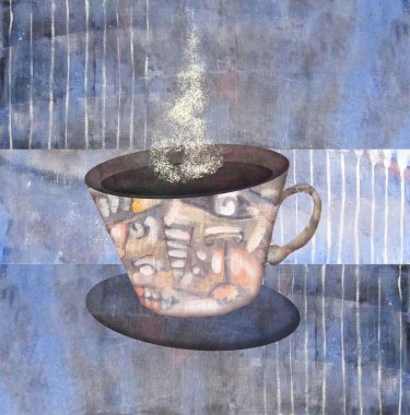 Painting  patterned cups of steaming coffee or tea