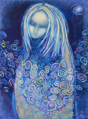 Acrylic painting. Awaiting birth. Mysterious woman