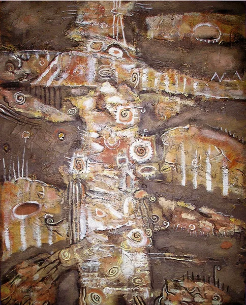Abstract acrylic painting. Rural road among fields