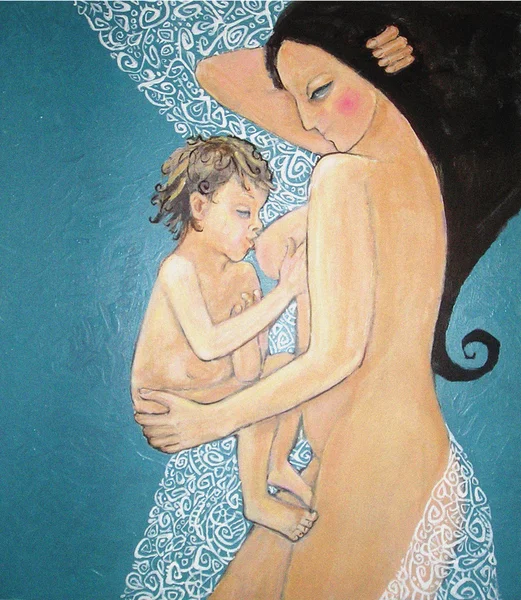 Pintura acrílica. Madre amamantando a su bebé . —  Fotos de Stock