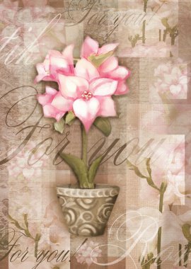 Greeting postcard flower. Beautiful astromeria flower in the pot with pattern, isolated on grunge shabby background for holiday design. Hand painting love card. clipart