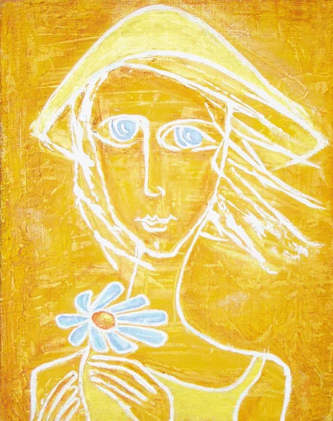 Абстрактная акриловая живопись. Силуэт солнечной девушки с голубыми глазами и голубым цветом в руках на желтом граненом фоне. Может использоваться в качестве картины для интерьера, как часть украшения стен . — стоковое фото