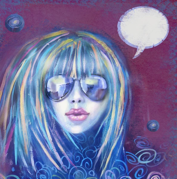 Fashionable woman in sunglasses. Music rock star. Illustration of woman with the speech bubble. Stylish abstract fashion background with woman portrait for poster, flayer, party invitation. — ストック写真