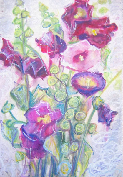 Flores de malva violeta. Watercolor pintado à mão ilustração de flores de malva violeta em hastes longas. Decoração de interiores. Pintura da natureza morta sobre um fundo branco . — Fotografia de Stock