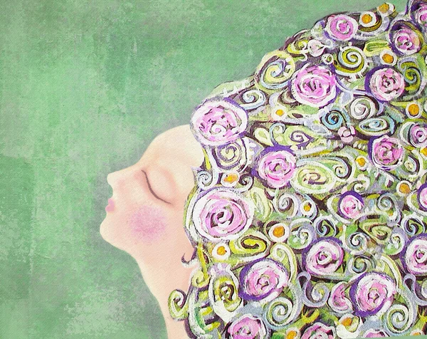 Dreaming woman with flowers in hair on green background. Mysterious, interesting lady. Can be used for printing on various products, such as tableware, packaging, calendars, boxes, gifts, albums etc.