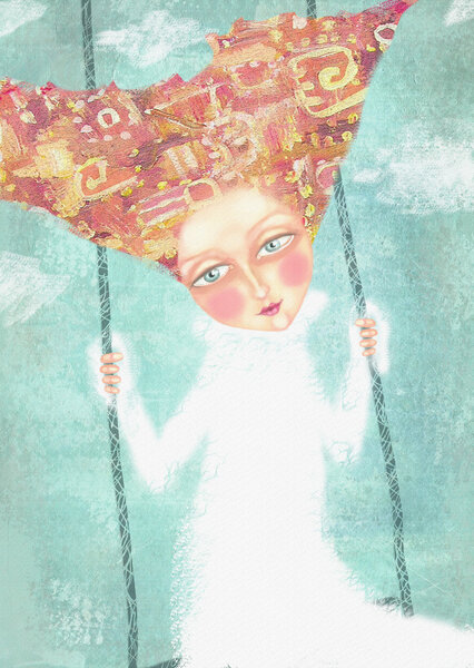 Carefree young girl in white dress with foxy hair swinging in the blue sky with clouds. Can be used for printing on various products, such as tableware, packaging, calendars, boxes, gifts, albums etc.