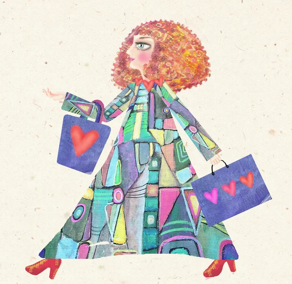 Abstract illustration of young fashionable women with shopping bags, somewhere confidently walking in red shoes. Can be used for printing on various products, as flyer, invitation, sale poster, card. — Φωτογραφία Αρχείου