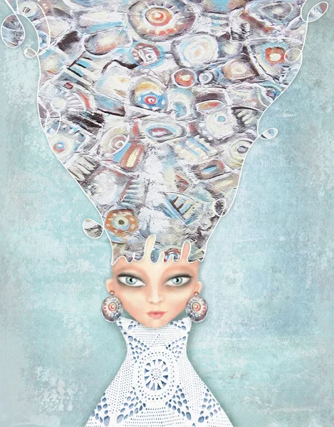 Девушка с абстрактными волосами на холодном светлом фоне гранжа. Загадочная, интересная леди. Может использоваться для печати на различных продуктах, таких как посуда, упаковка, календари, коробки, подарки, альбомы и т.д. . — стоковое фото