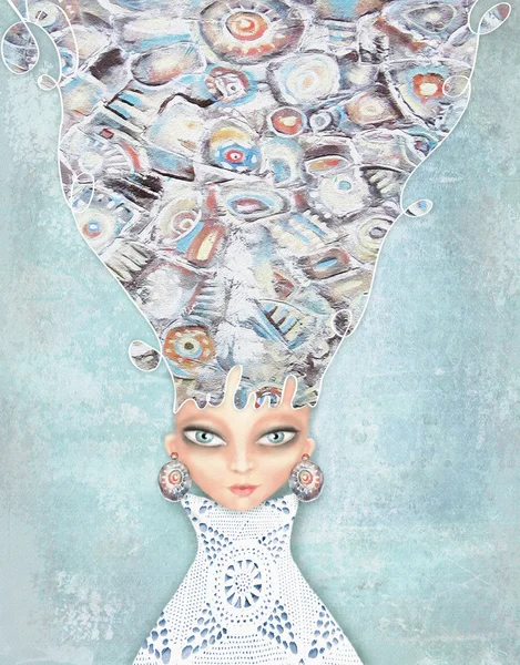 Girl with abstract hair on cold light grunge background. Mysterious, interesting lady. Can be used for printing on various products, such as tableware, packaging, calendars, boxes, gifts, albums etc.