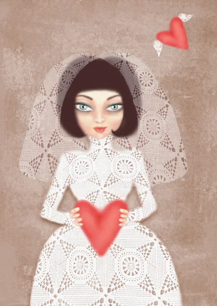 Girl in white wedding dress with veil and heart in hand. Mysterious, interesting lady. Can be used for printing on various products, such as tableware, packaging, calendars, boxes, gifts, albums etc. — Zdjęcie stockowe