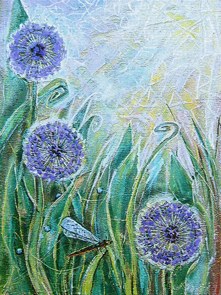 Acrylic painting. Blue allium flowers and dragonfly. Spring blooming meadow plants. Sunny grassland with flowers. Floral background. Old texture. Image for the interior, as part of wall decorations. — Stock Photo, Image