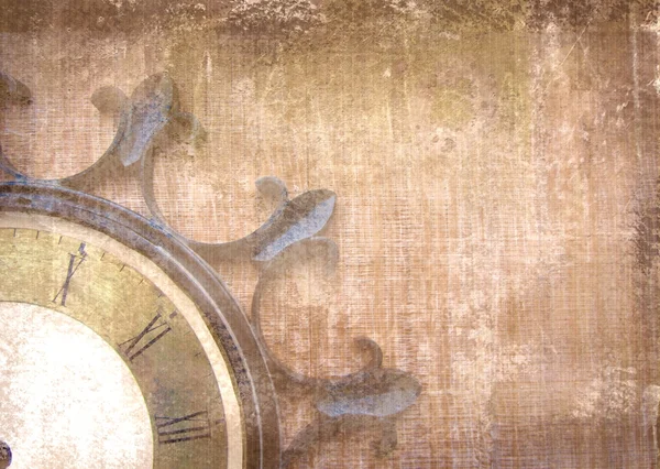グランジ背景にローマ数字で古いヴィンテージの壁時計のフラグメント。あなたの設計のための抽象的な構成。船の車輪の形をした矢印なし一部時計の文字盤の黒い図. — ストック写真