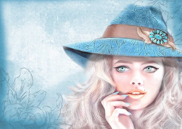 Illustration fille de mode dessinée à la main. hippie américain style bohème bohème. Belle jeune fille blonde aux yeux bleus tendance avec maquillage, portant un chapeau d'été. Fond gris bleu clair . — Photo