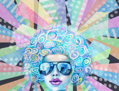 Pop sanat tasarım. Nightflyer diskotek. Parti Davetiyesi. Yaz Cumartesi salon retro gece. Kulüpten kız bir yansıtıcı dans pistinde duran güneş gözlüğü, disko veya parlayan ışıklar bir fon var..