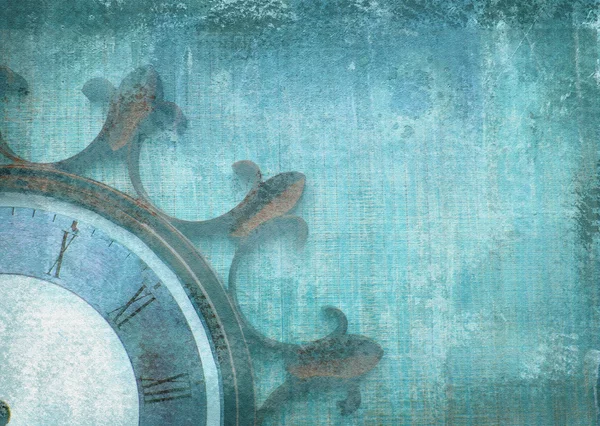Fragment de l'ancienne horloge murale vintage avec des chiffres romains sur un fond grunge. Composition abstraite pour votre design. Illustration bleue d'une face de montre partielle sans flèches en forme de roue de navire . — Photo