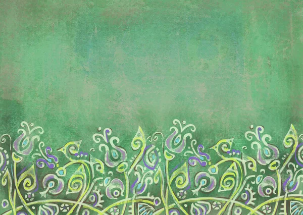 Shabby green background with abstract plants. Fantastic flowers on the hill. Design template with place for your text. Indian pattern. May be used for a graphic art, as a greeting or gift layout. — Stock Photo, Image