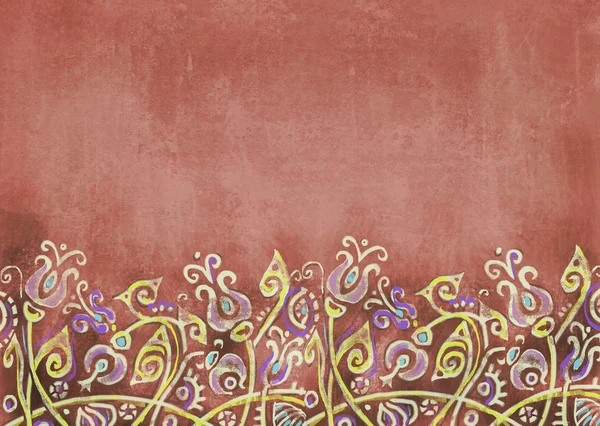 Shabby terracotta bakgrund med abstrakt växter. Fantastiska blommor på kullen. Formgivningsmall med plats för din text. Indiska mönster. Kan användas för en grafisk konst, som en hälsning eller gåva layout. — Stockfoto
