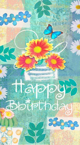 Floral congratulations postcard. Gerbera, daisies and butterfly on turquoise shabbi chic background with hand painted flowers and leaves. Creative design. Beauty card with wishes of happy birthday. — Φωτογραφία Αρχείου