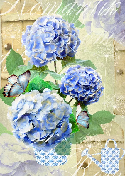 Carte postale florale. Peut être utilisé pour saluer ou inviter, fête des mères, Saint-Valentin, cartes d'anniversaire, chaîne cadeau. Hortensia fleurs . — Photo