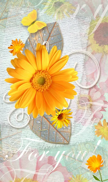 Elegance vykort med vackra gerbera blommor och fjäril, realistiska och stiliserade. Love blommönster. Kan användas som gåva gratulationskort, inbjudan för bröllop, födelsedag, annan helgdag händer — Stockfoto