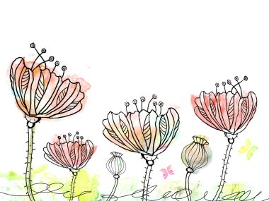 Sulu Boya lekesi doodle tarzı soyut elle çizilmiş çiçekler.