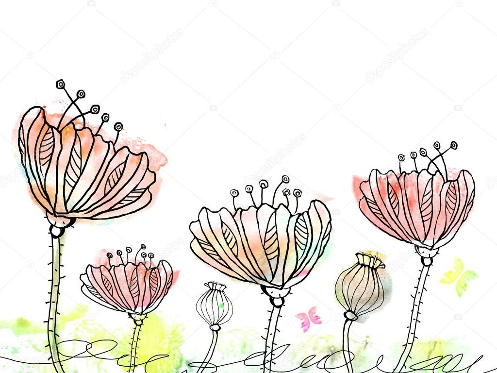 Abstract hand drawn flowers on watercolor blots in doodle style.