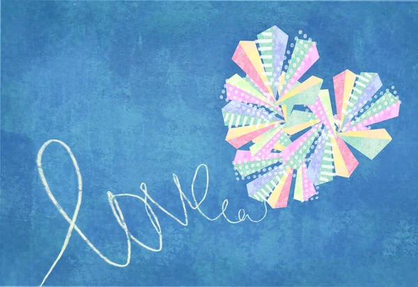 Tarjeta de corazón abstracta amor. Corazón abstracto hecho por triángulos coloridos y rombos, decorado con puntos blancos y líneas aisladas sobre fondo azul grunge . — Foto de Stock
