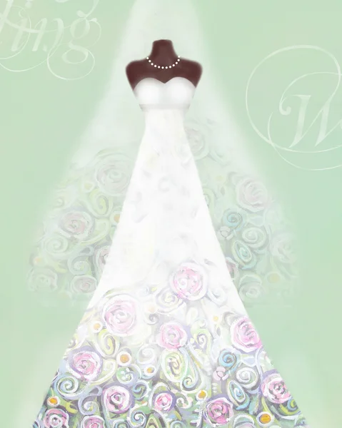 Tarjeta con vestido de novia en un maniquí y velo. Patrón floral — Foto de Stock