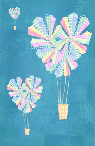 Abstracte hart gevormde hete lucht ballonnen achtergrond. Hou van ballonnen als een hete luchtballon gemaakt door kleurrijke driehoeken, versierd met witte stippen en lijnen. Liefde kaart. — Stockfoto