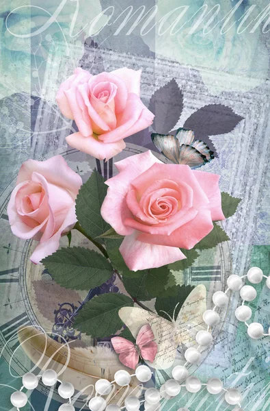 Flor postal. Romántico hermoso diseño de tarjetas de felicitaciones con rosas, mariposas y collar de perlas. Se puede utilizar como tarjeta de felicitación, invitación para la boda, cumpleaños y otras vacaciones que suceden . —  Fotos de Stock