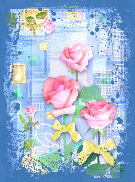 Flor de postal collage azul. Hermosa ilustración con rosas y arcos en el fondo azul abstracto. Se puede utilizar como tarjeta de felicitación, invitación para la boda, cumpleaños y otras vacaciones que suceden . —  Fotos de Stock