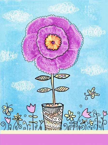 Blommig vykort. Skönhet blomma i en vas. Grattis kort. En stor blomma med stickade kronblad i en kruka. — Stockfoto