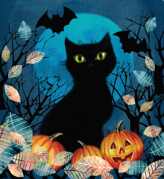 Gelukkig Halloween illustratie. Spooky achtergrond met najaar boom, zwarte kat, vleermuis vliegt in de nacht over donker bos met pompoenen in de gevallen bladeren op de achtergrond van een volle maan. — Stockfoto