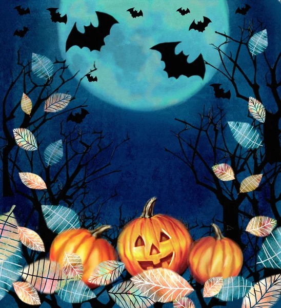 Feliz ilustración de Halloween. Fondo espeluznante con valle otoñal. Murciélagos volando en la noche sobre el bosque oscuro con calabazas en las hojas caídas sobre un fondo de luna llena. Espacio para tu texto — Foto de Stock